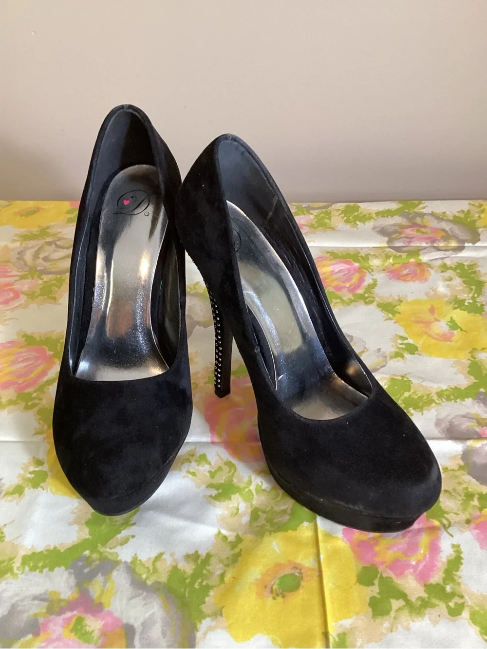 Black Suede Platform High Heels with Studded Stiletto